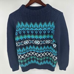 Talbots Womens Navy Blue Fair Isle Cotton Blend Pullover Sweater Sz M Geometric